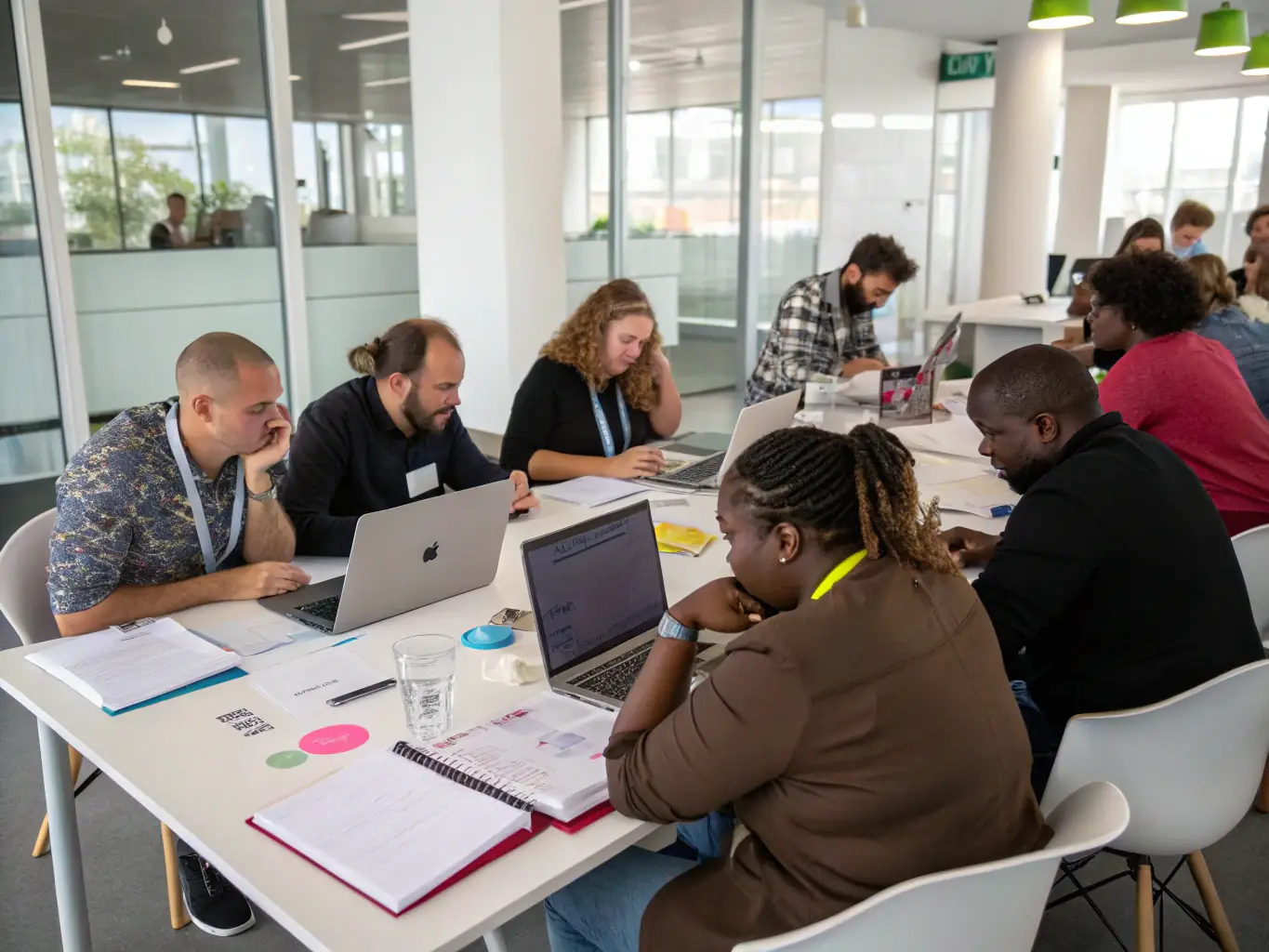 An image of a diverse group of students engaged in a coaching workshop, showcasing collaboration and learning, set in a modern classroom at the International Coaching Institute (ICI).