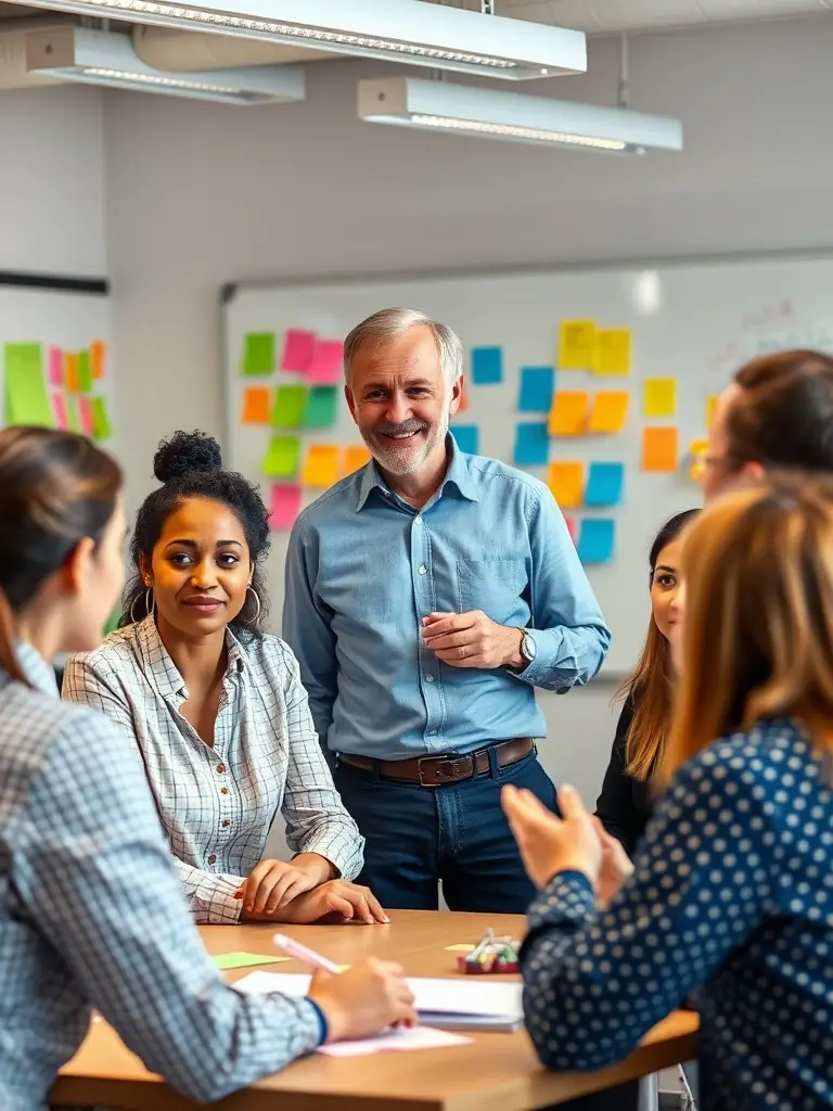 A coach facilitating a team-building workshop, fostering collaboration and communication among team members, representing the Team Coaching Dynamics program.