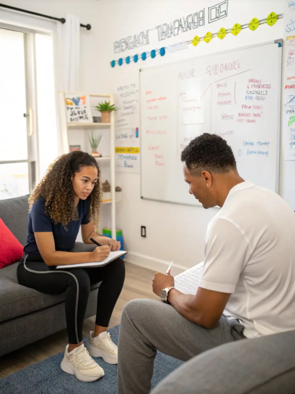 A professional coach guiding a client through a goal-setting exercise, with a whiteboard displaying strategic objectives in the background, representing the Professional Coaching Certification program.