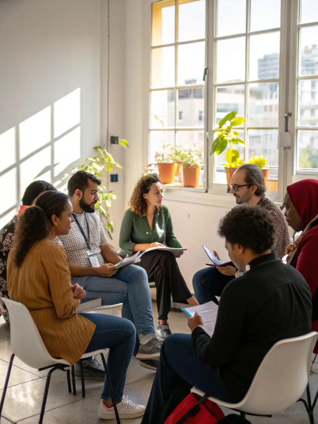 A diverse group of coaches participating in a group mentoring session, sharing insights and experiences, reflecting the collaborative learning environment of the Executive Coaching Mastery program.